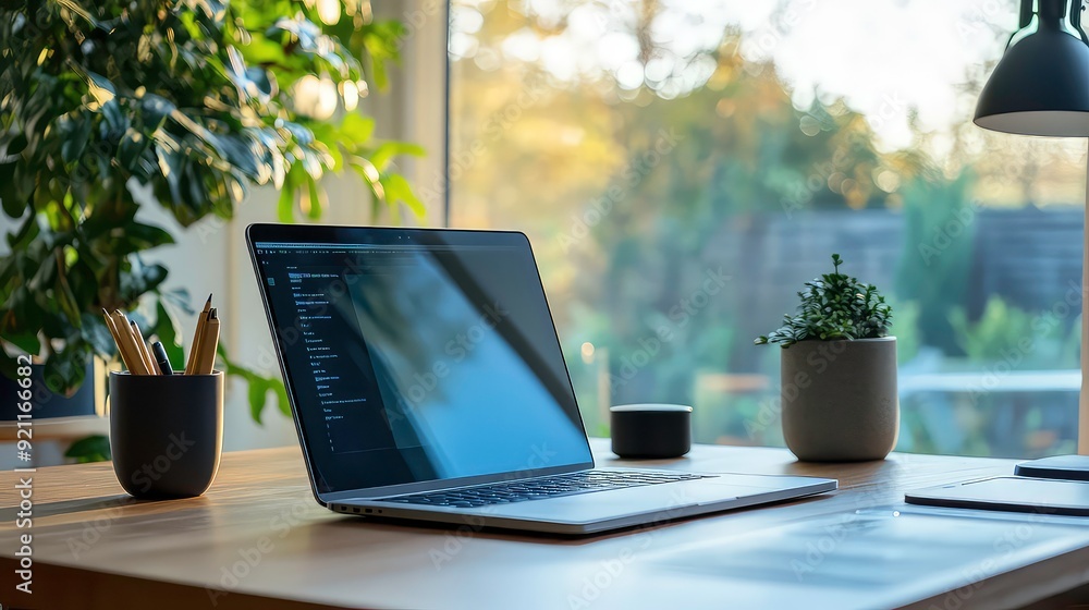 editor open sits on a wooden desk in front of a window. in a grey pot on the desk to the right of the laptop. The laptop is next to a pencil holder with brown pencils inside. editor open sits on a wooden desk in front of a window. in a grey pot on the desk to the right of the laptop. The laptop is next to a pencil holder with brown pencils inside.