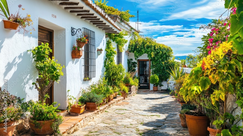 Fototapeta premium Whitewashed House with Cobblestone Pathway and Lush Greenery