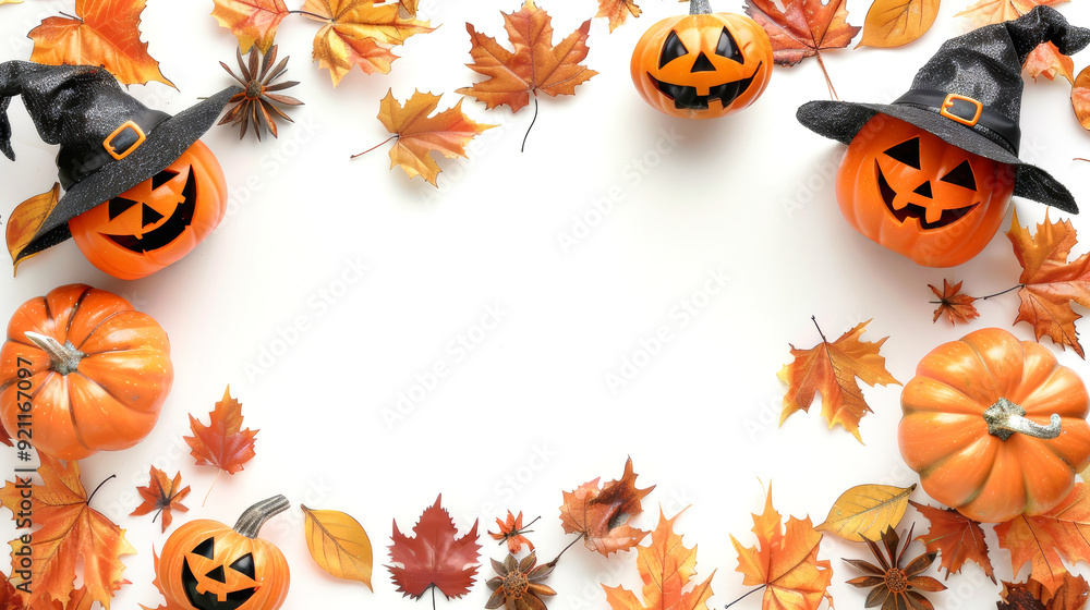 A joyful arrangement of Halloween pumpkins topped with witch hats, surrounded by vibrant autumn leaves, creating a perfect backdrop for seasonal festivities A joyful arrangement of Halloween pumpkins topped with witch hats, surrounded by vibrant autumn leaves, creating a perfect backdrop for seasonal festivities