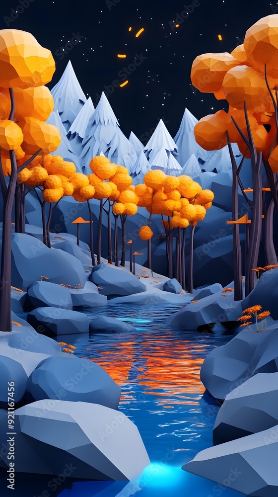 Fototapeta premium Low Poly Night Scene with Stream and Mountains