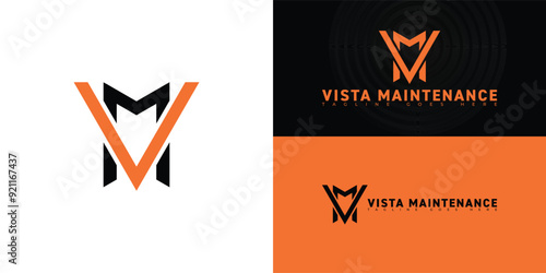 Abstract initial letter VM or MV in black-orange color isolated on multiple background colors. The logo is suitable for aircraft maintenance logo design inspiration templates.