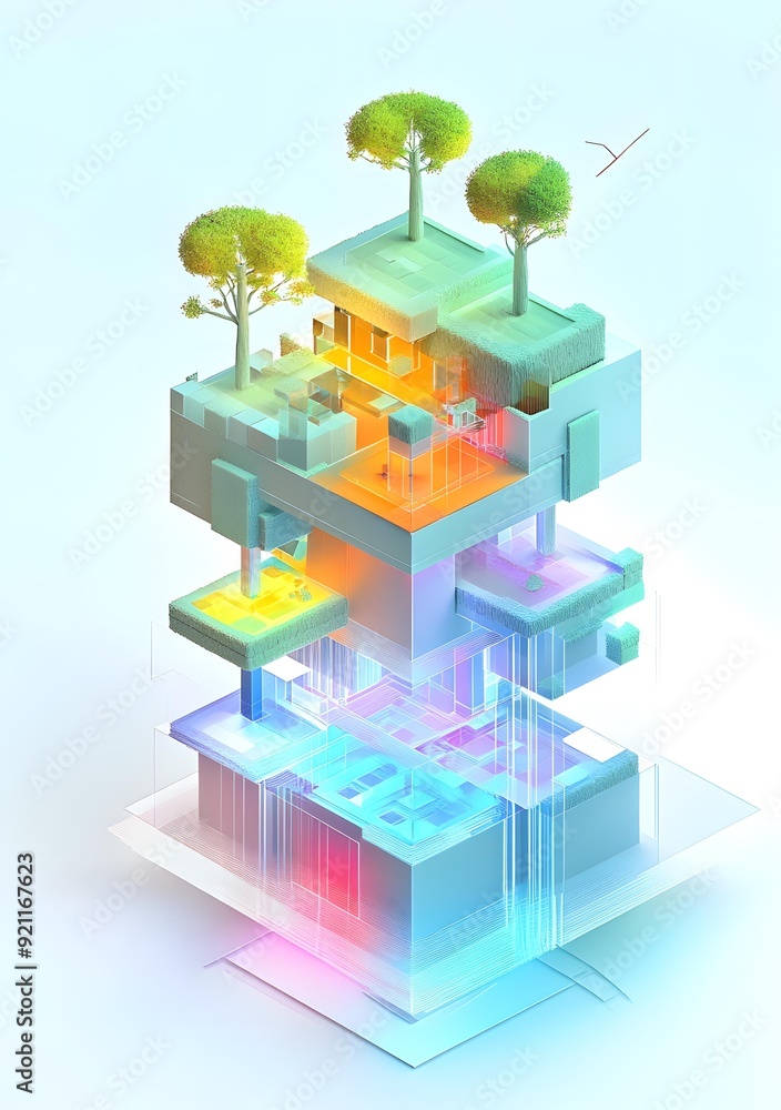 Fototapeta premium Abstract Modern Architecture Illustration With Transparent Building And Green Trees