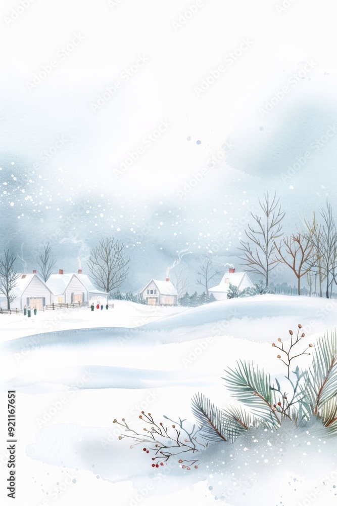 Fototapeta premium Serene Winter Village Scene with Snowy Landscape and Cozy Cottages