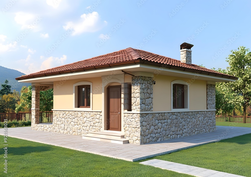Fototapeta premium Modern Small House with Stone Wall Exterior
