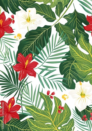 Tropical Floral Pattern with White and Red Flowers