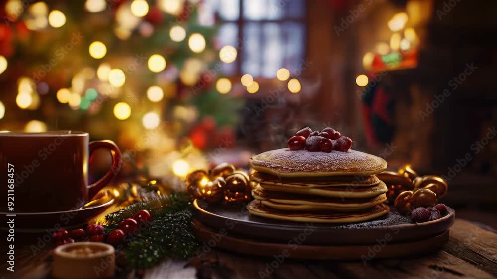 Indulge in delicious pancakes topped with berries, accompanied by warm cocoa, perfect for the Christmas holiday atmosphere Indulge in delicious pancakes topped with berries, accompanied by warm cocoa, perfect for the Christmas holiday atmosphere