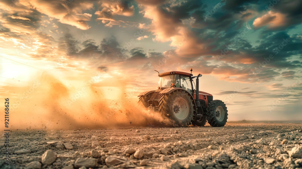 Obraz premium A powerful tractor cultivates the soil, kicking up clouds of dust against a stunning backdrop of a vibrant sky as the sun sets
