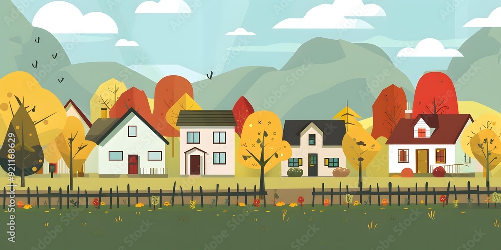 Autumn Landscape with Small Houses and Trees Autumn Landscape with Small Houses and Trees