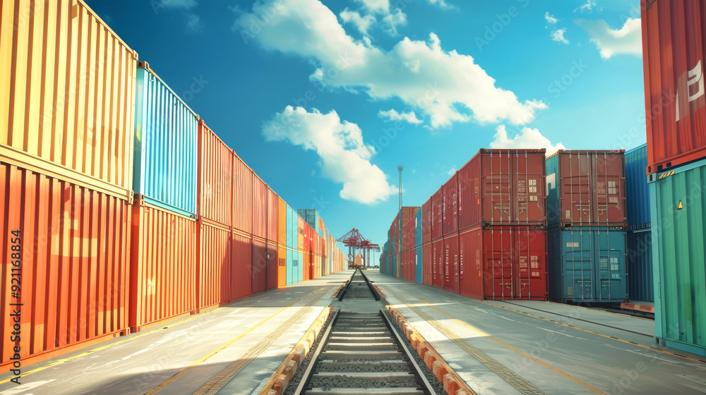Fototapeta premium Colorful cargo containers line the railway platform, ready for global delivery under a bright blue sky at an industrial port