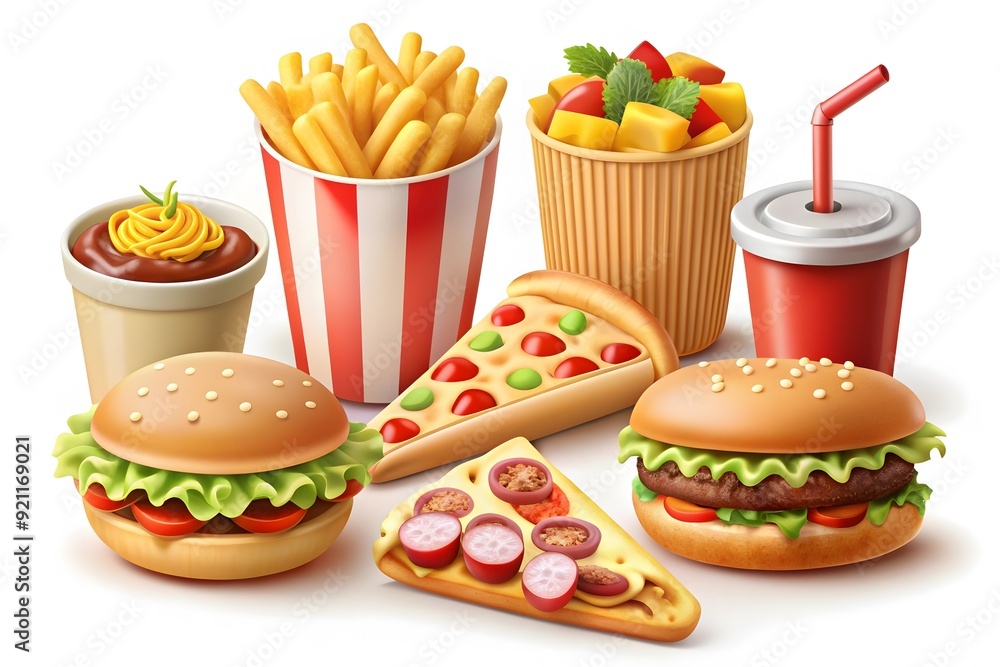 Fast food meals set collection Vector. Realistic detailed collection banner with hotdog, burger, sanwich, french fries, donuts, ice cream, pop corns
Fast food meals set collection Vector. Realistic detailed collection banner with hotdog, burger, sanwich, french fries, donuts, ice cream, pop corns