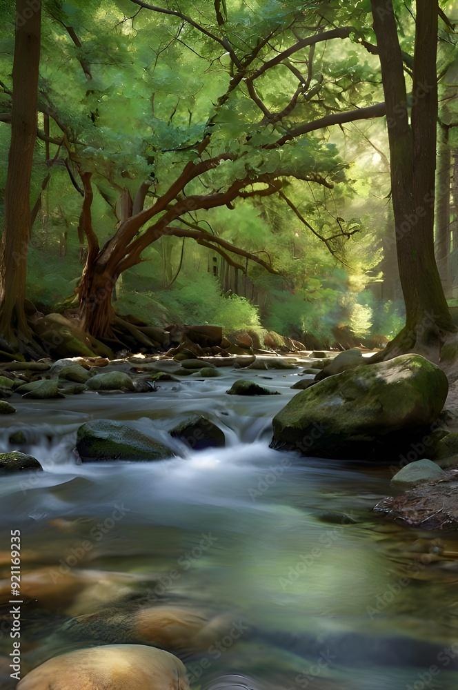 A forest stream flowing past moss covered rocks and a large tree. A forest stream flowing past moss covered rocks and a large tree.