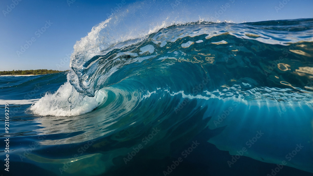 Captivating ocean wave cresting under bright blue sky with clear horizon and bright sunshine reflection. Captivating ocean wave cresting under bright blue sky with clear horizon and bright sunshine reflection.