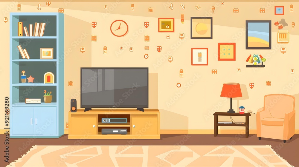 Cartoon Illustration of a Cozy Living Room with a Television and Bookshelf Cartoon Illustration of a Cozy Living Room with a Television and Bookshelf
