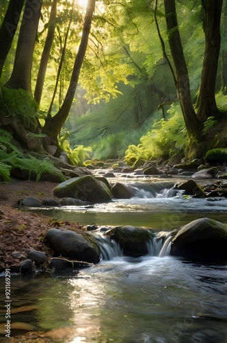 A forest stream flowing past moss covered rocks and a large tree.