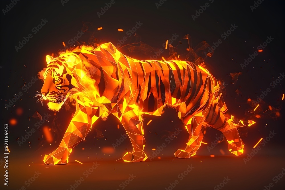 Fiery Tiger with Geometric Stripes and Shapes Striking 3D Digital Fiery Tiger with Geometric Stripes and Shapes Striking 3D Digital