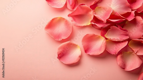 Pink rose petals artfully arranged on a smooth pastel pink background, symbolizing beauty and grace.