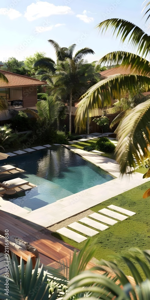 Fototapeta premium Tropical Swimming Pool with Palm Trees and Patio