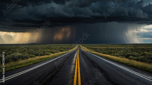 Dramatic storm clouds loom over a deserted road, highlighting the contrast between nature and isolation. photo