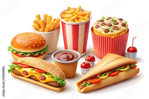 Fast food meals set collection Vector. Realistic detailed collection banner with hotdog, burger, sanwich, french fries, donuts, ice cream, pop corns
 photo