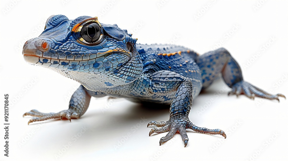 Naklejka premium A beautiful blue lizard with intricate scales and striking orange eyes detailed against a plain white background.