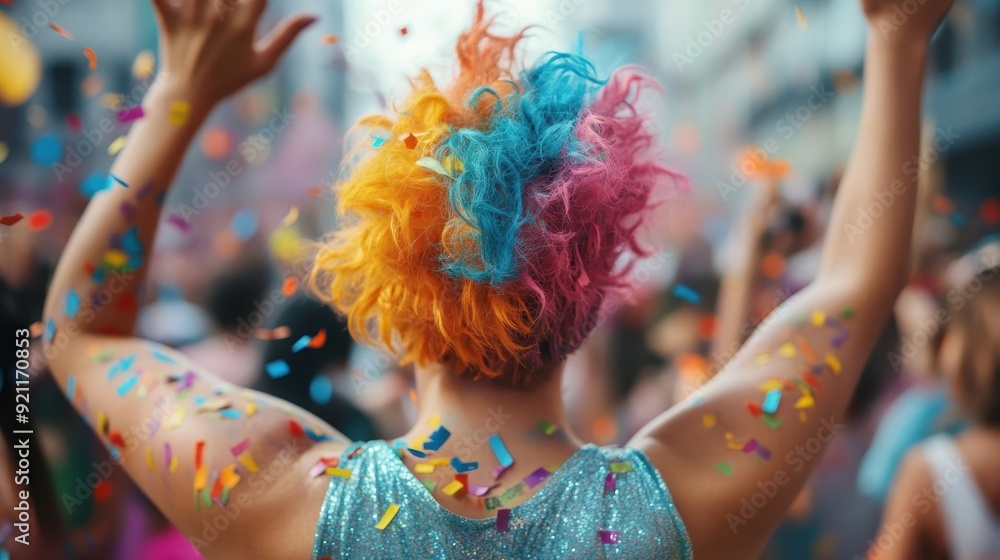 A vibrant celebration scene with a person wearing a multicolored wig, raising their arms amidst a shower of colorful confetti, depicting joy, freedom, and exuberance. A vibrant celebration scene with a person wearing a multicolored wig, raising their arms amidst a shower of colorful confetti, depicting joy, freedom, and exuberance.