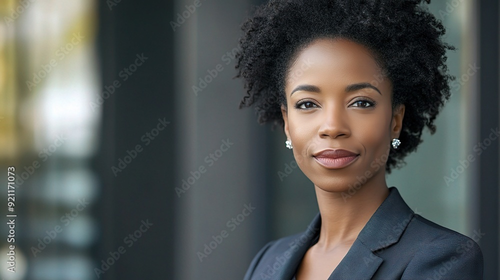 Confident Businesswoman: A strong, capable Black woman in a professional suit confidently looks directly at the camera, conveying power, intelligence, and determination. Confident Businesswoman: A strong, capable Black woman in a professional suit confidently looks directly at the camera, conveying power, intelligence, and determination.