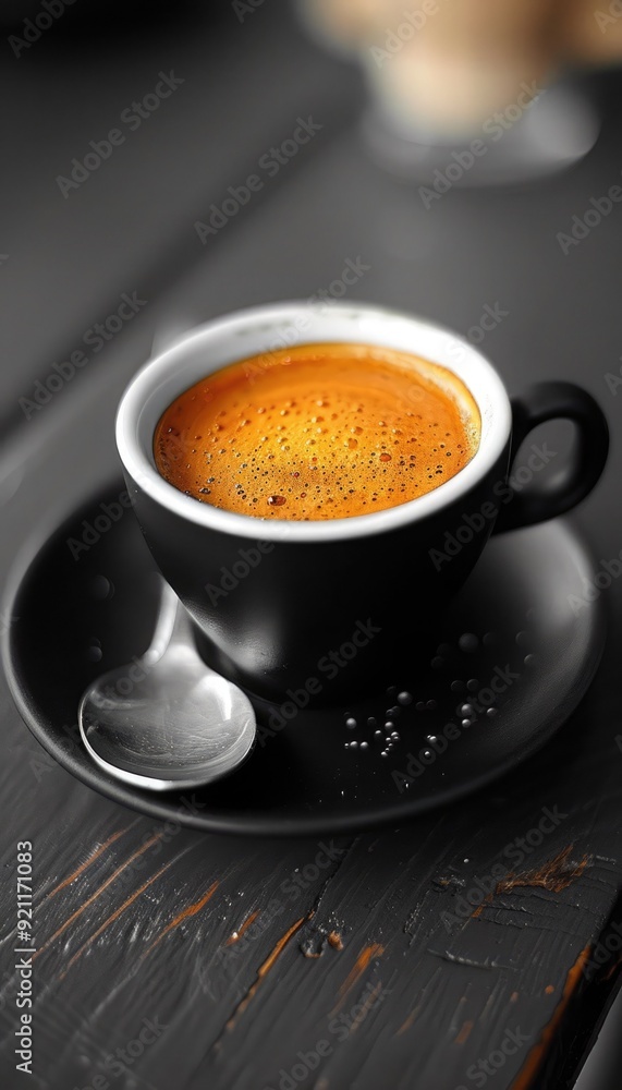 A steaming cup of freshly brewed coffee on a saucer with a spoon