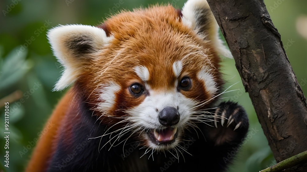 A playful, red panda cub learning to climb. red panda in a tree A playful, red panda cub learning to climb. red panda in a tree
