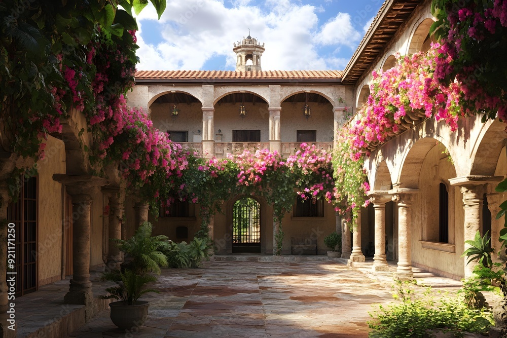 Naklejka premium Beautiful Spanish Style Courtyard with Flowers