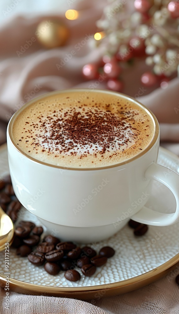A cappuccino is elegantly served with coffee beans and a spoon A cappuccino is elegantly served with coffee beans and a spoon