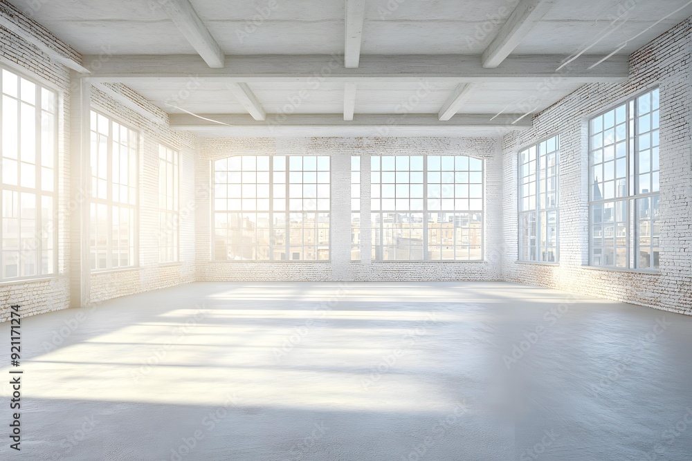 Empty Loft Room with Large Windows and Brick Walls Empty Loft Room with Large Windows and Brick Walls
