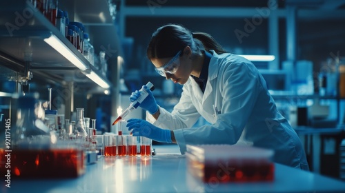 The female lab technician in a white coat conducted blood tests with precision, carefully pipetting samples into vials while documenting her findings, all the while aware of the critical importance