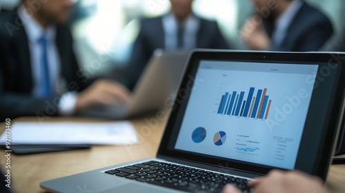 Data-Driven Decisions: A close-up shot of a laptop displaying financial charts, reflecting the strategic focus of a business meeting in a modern office.