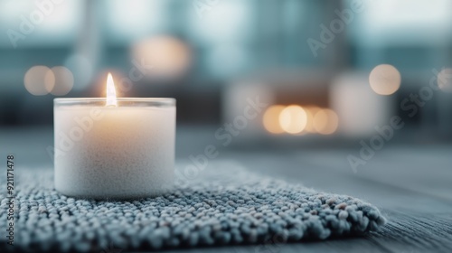 An elegantly lit candle creating a warm ambiance, placed on a soft, textured carpet, providing a calming and tranquil atmosphere perfect for relaxation.