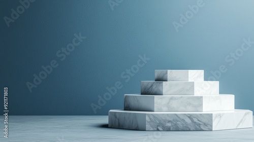 A hexagonal, multi-tiered podium with each tier perfectly symmetrical, featuring a modern, marble-like finish