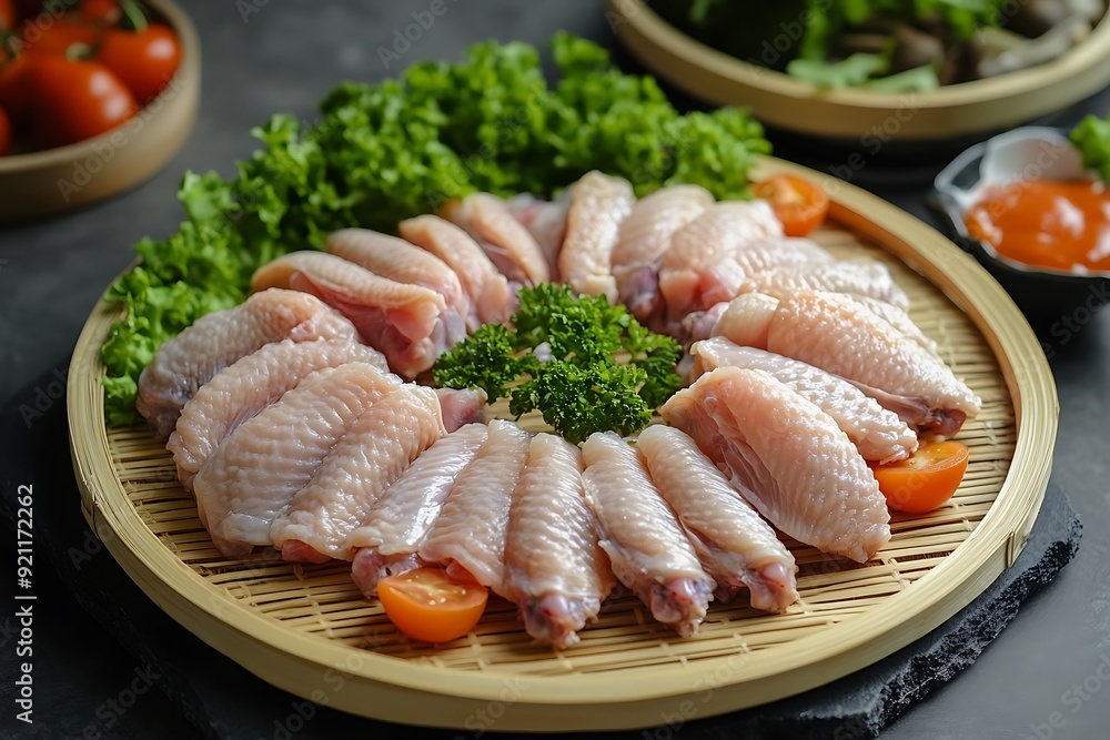 Fresh Raw Chicken Wings on Bamboo Platter Against Black Stone Background in Studio Setting Fresh Raw Chicken Wings on Bamboo Platter Against Black Stone Background in Studio Setting