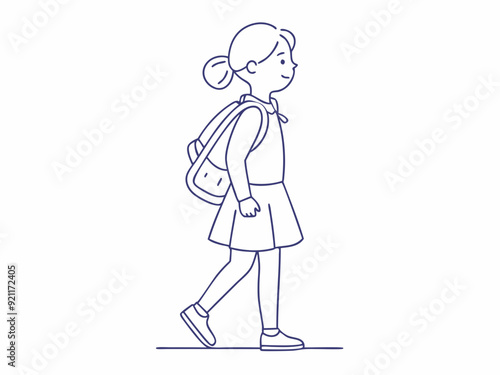 continuous single line drawing of elementary school student girl with school bag, line art vector illustration

