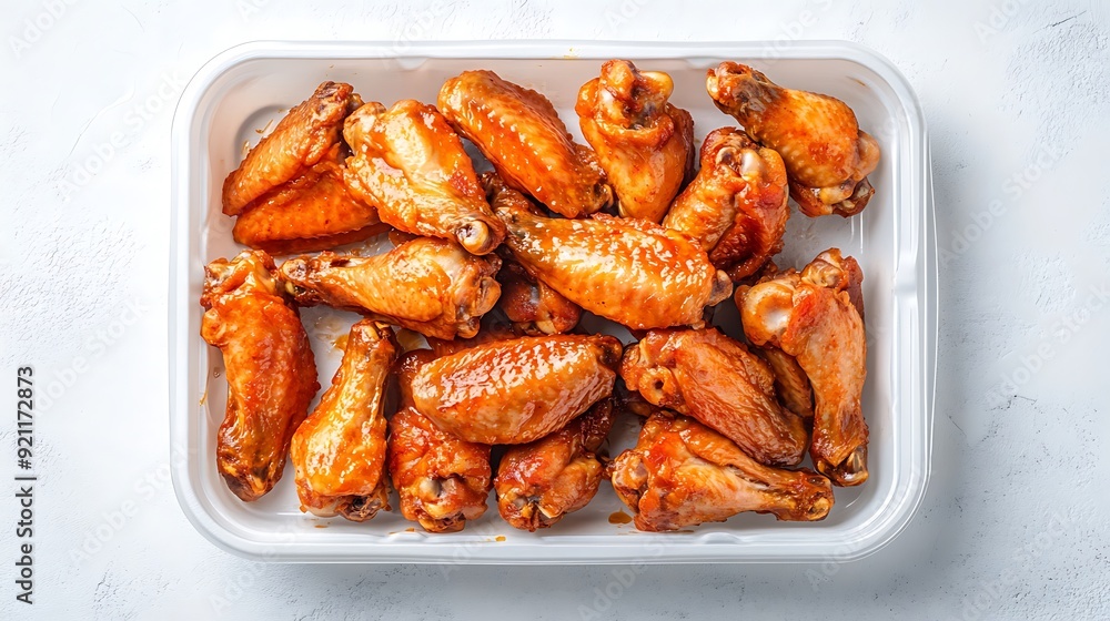 Crispy Chicken Wings Displayed on Plastic Tray, Studio Shot with White Concrete Background