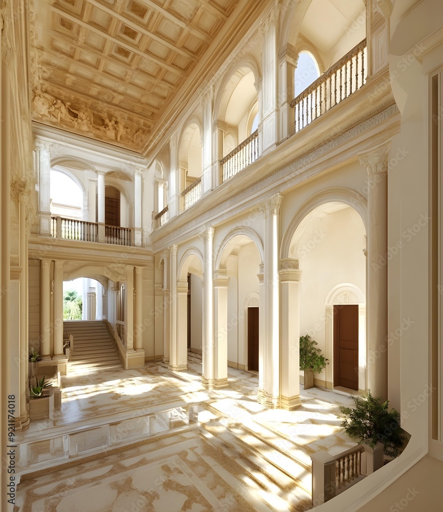 Fototapeta premium Classic Interior Design With White Columns And Arched Windows