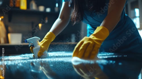 Woman cleaning a surface with a spray bottle and a cloth