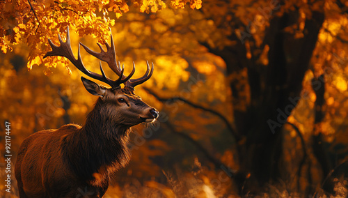 A male deer stands in a stunning autumn forest, showcasing the beauty of wildlife in nature. Suitable for wildlife photography, nature conservation campaigns, and seasonal promotions. photo