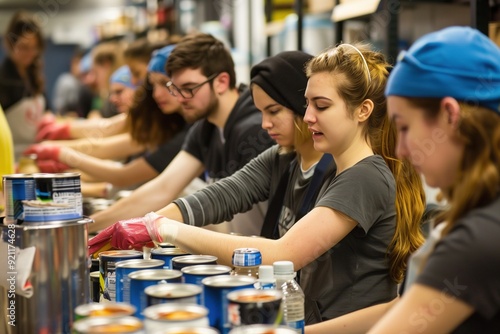 A group of volunteers sort and organize canned goods at a food bank.