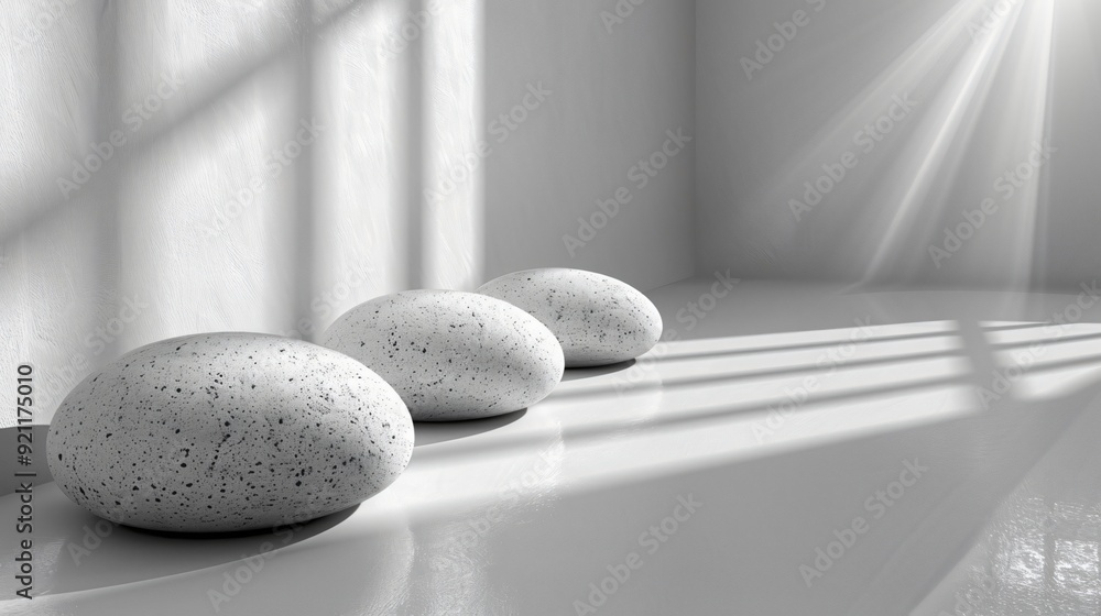 A serene minimalistic scene displaying three white, oval-shaped stones arranged in a sunlit room with soft lighting. A serene minimalistic scene displaying three white, oval-shaped stones arranged in a sunlit room with soft lighting.
