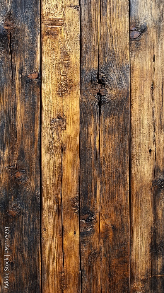 Fototapeta premium A close-up view of rustic wooden planks with rich brown tones and natural textures, ideal for backgrounds or design.