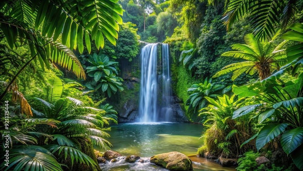 Hidden tropical waterfall surrounded by lush foliage, Waterfall, tropical, hidden, concealed, lush, foliage, greenery, nature Hidden tropical waterfall surrounded by lush foliage, Waterfall, tropical, hidden, concealed, lush, foliage, greenery, nature