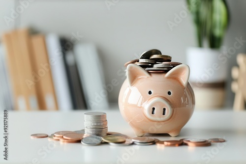 Piggy bank filled with coins, financial planning, Watercolor style