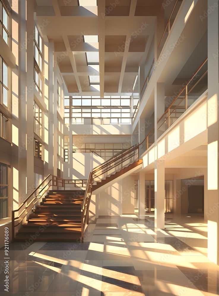 Fototapeta premium Modern Stairwell Architecture with Sunlight