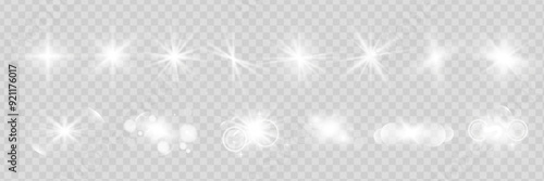 Glow isolated white transparent starlight effect set, lens flare, explosion, line, sun flash, glitter, spark and stars. Abstract special effect element design. Shine ray with lightning