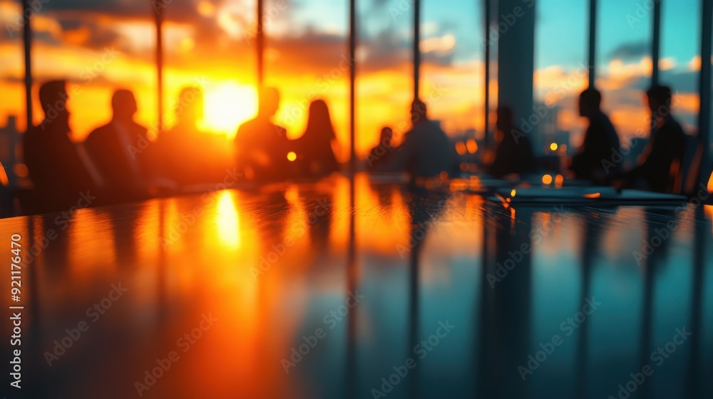 A close-up of a conference table with a blurred background of business professionals silhouetted against a vibrant sunset.
A close-up of a conference table with a blurred background of business professionals silhouetted against a vibrant sunset.