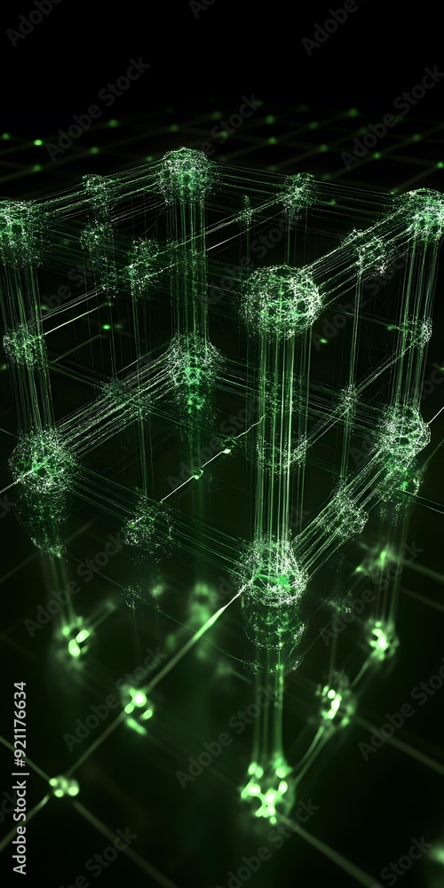 Obraz premium Abstract Green 3D Cube of Lines and Dots